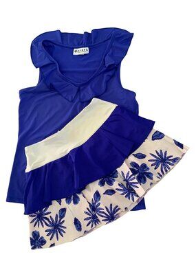 JerdogWomens Blue Ruffle Tank & White Floral Skirt Set Small Nylon/Spandex USA